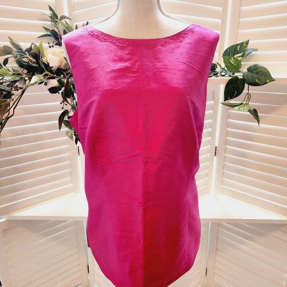 LIZ CLAIBORNE PINK SILK TANK WITH EMBROIDERED FLORAL COLLAR SIZE 16